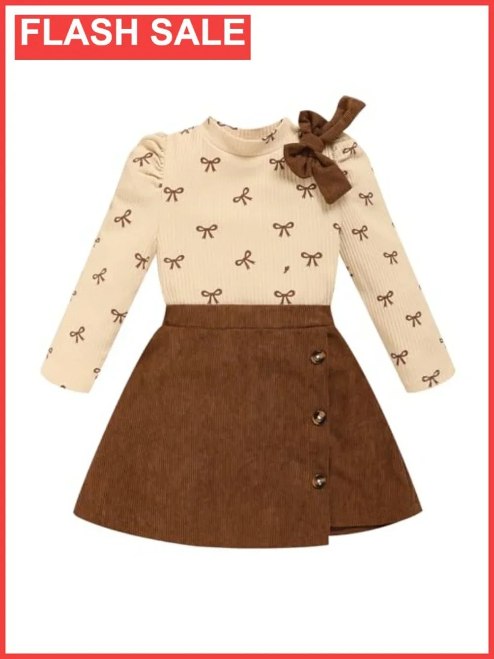 Toddler Girl 2-Piece Outfit Cotton Ribbed Bow Sweatshirt Button Skirt Set